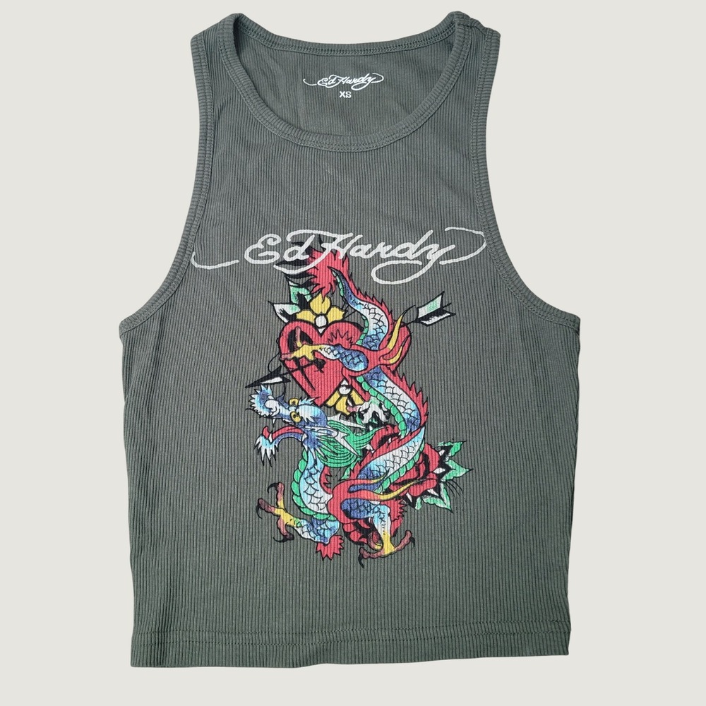 Ed Hardy Womens Dragon Heart Ribbed Crop Tank Top Olive Green XS
